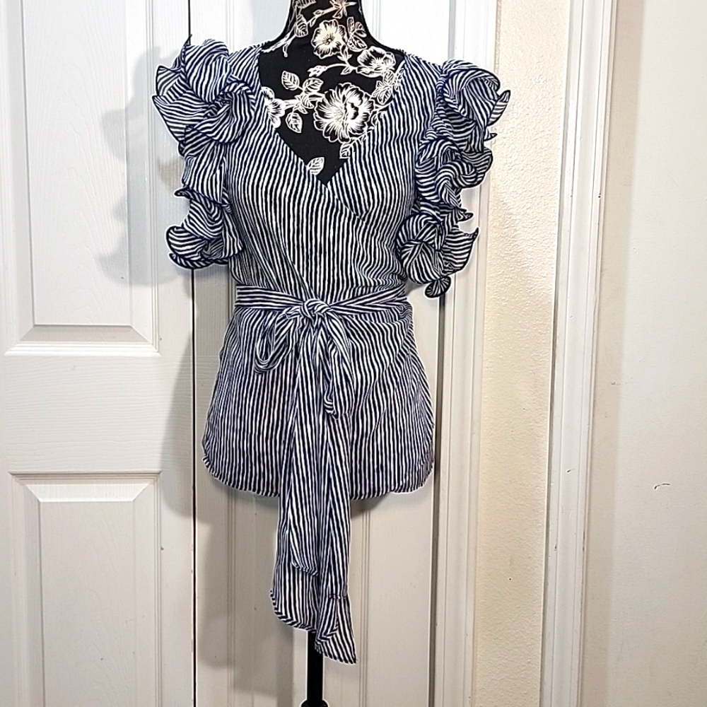 Blue And White Sheer Ruffled Cross Over Blouse S/M
